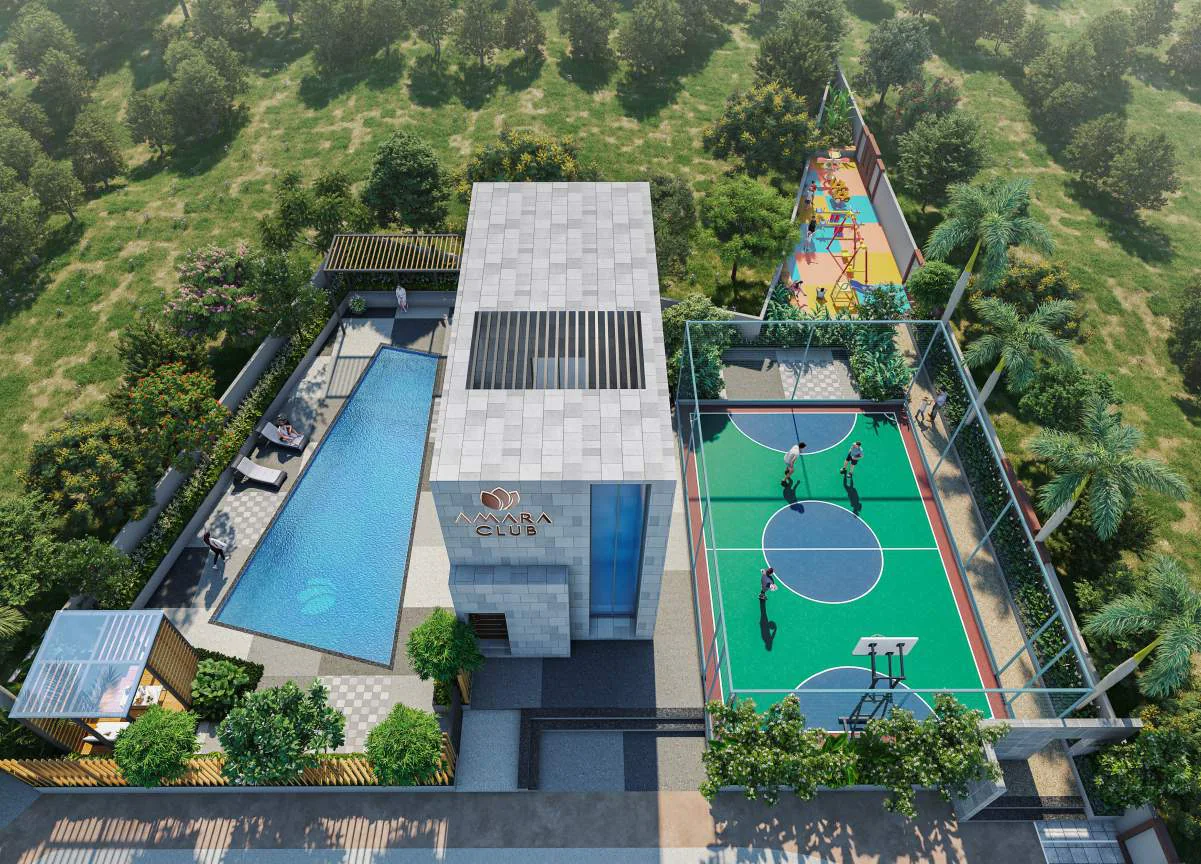 Aerial view of the clubhouse, pool and multipurpose court at Avani Amara, Mundhwa