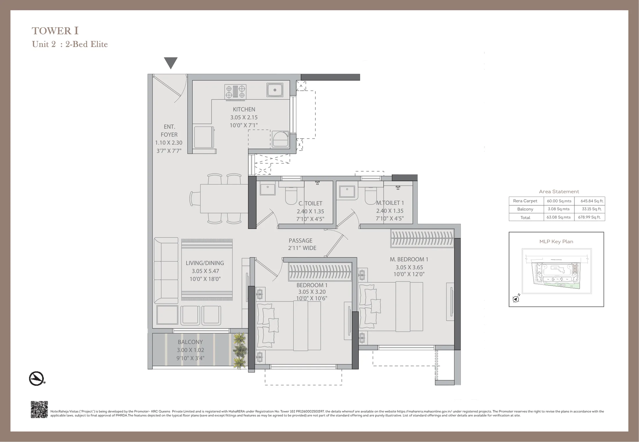 2 BHK Elite plan of 679 sq ft with room sizes at Raheja Vistas, Mahalunge