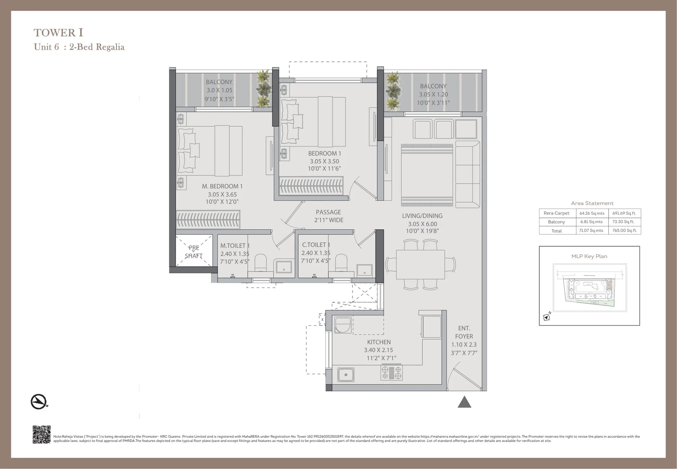 2 BHK Regalia plan of 765 sq ft with two balconies at Raheja Vistas, Mahalunge