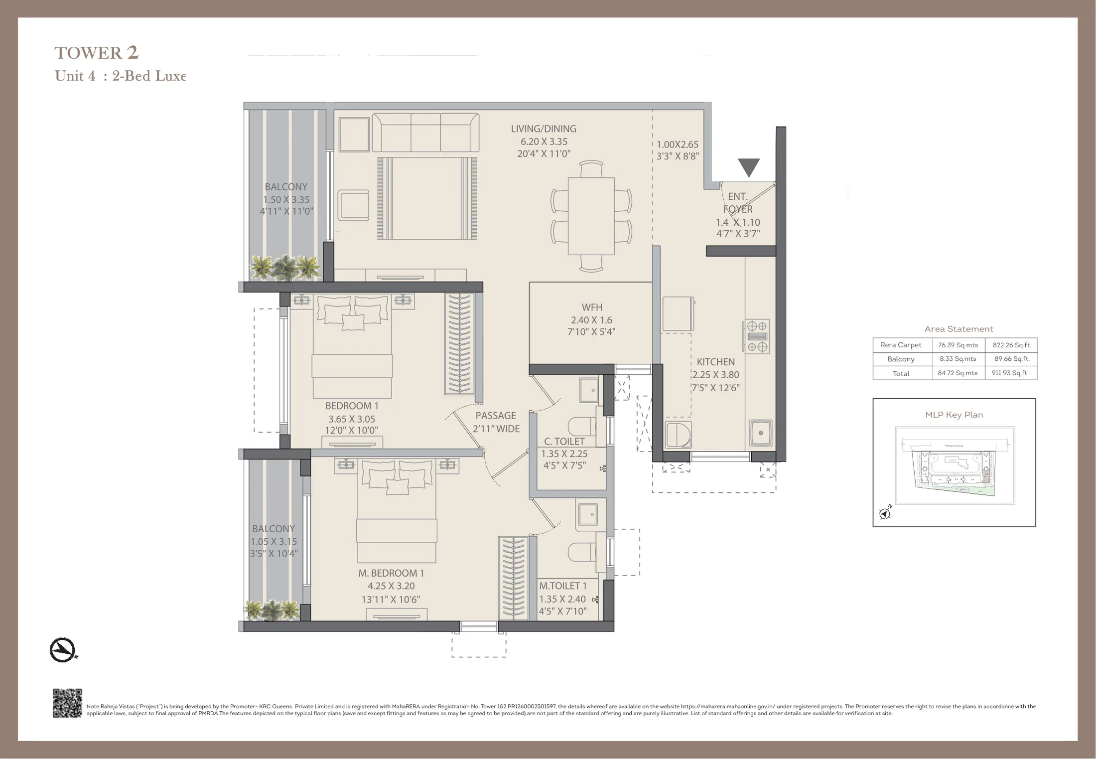 2 BHK Luxe plan of 912 sq ft with a work-from-home room at Raheja Vistas, Mahalunge