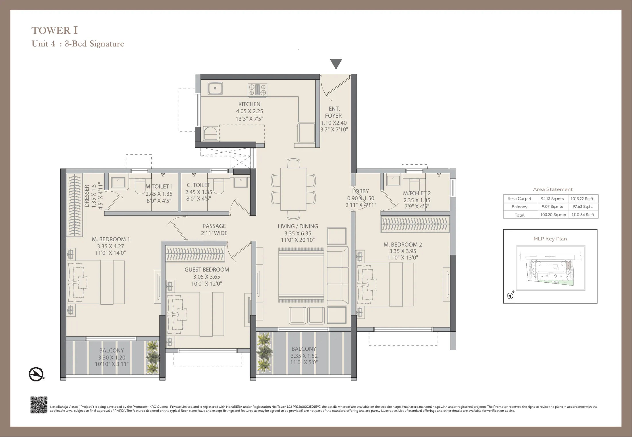 3 BHK Signature plan of 1,111 sq ft with a dresser at Raheja Vistas, Mahalunge