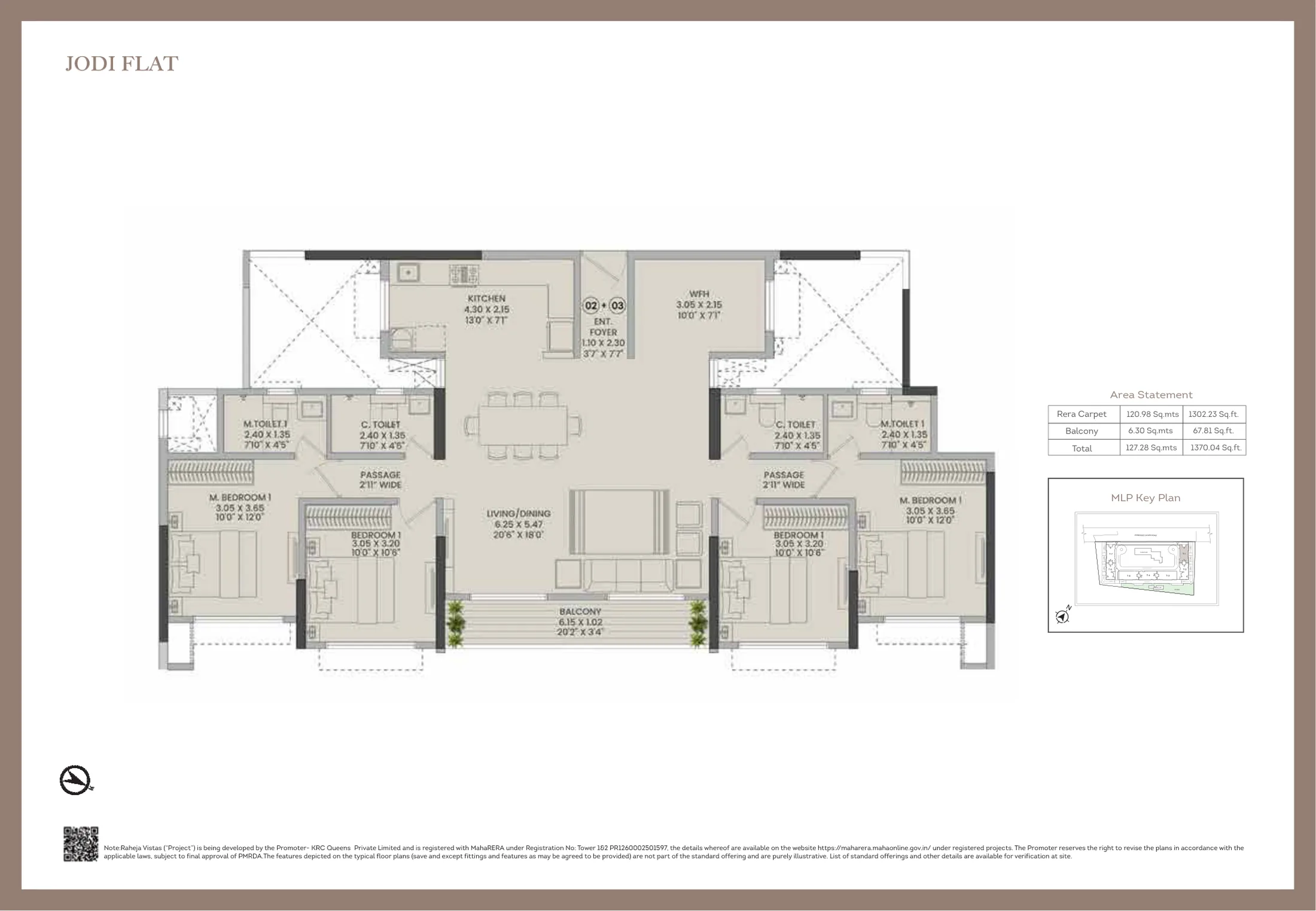 4 BHK jodi flat plan joining two 2 BHK homes at Raheja Vistas, Mahalunge