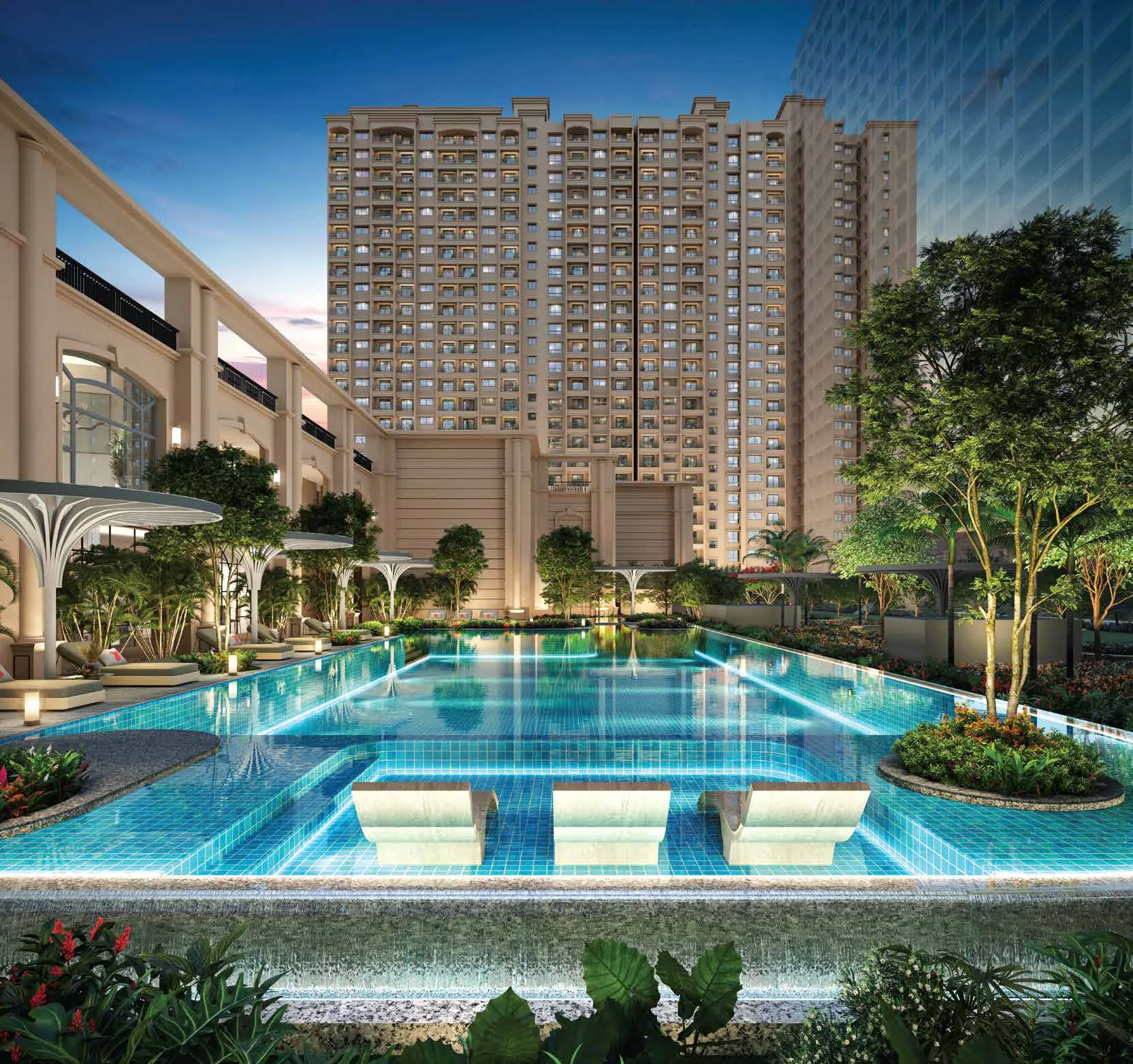 Half-Olympic swimming pool on the podium below the tower at Raheja Vistas, Mahalunge