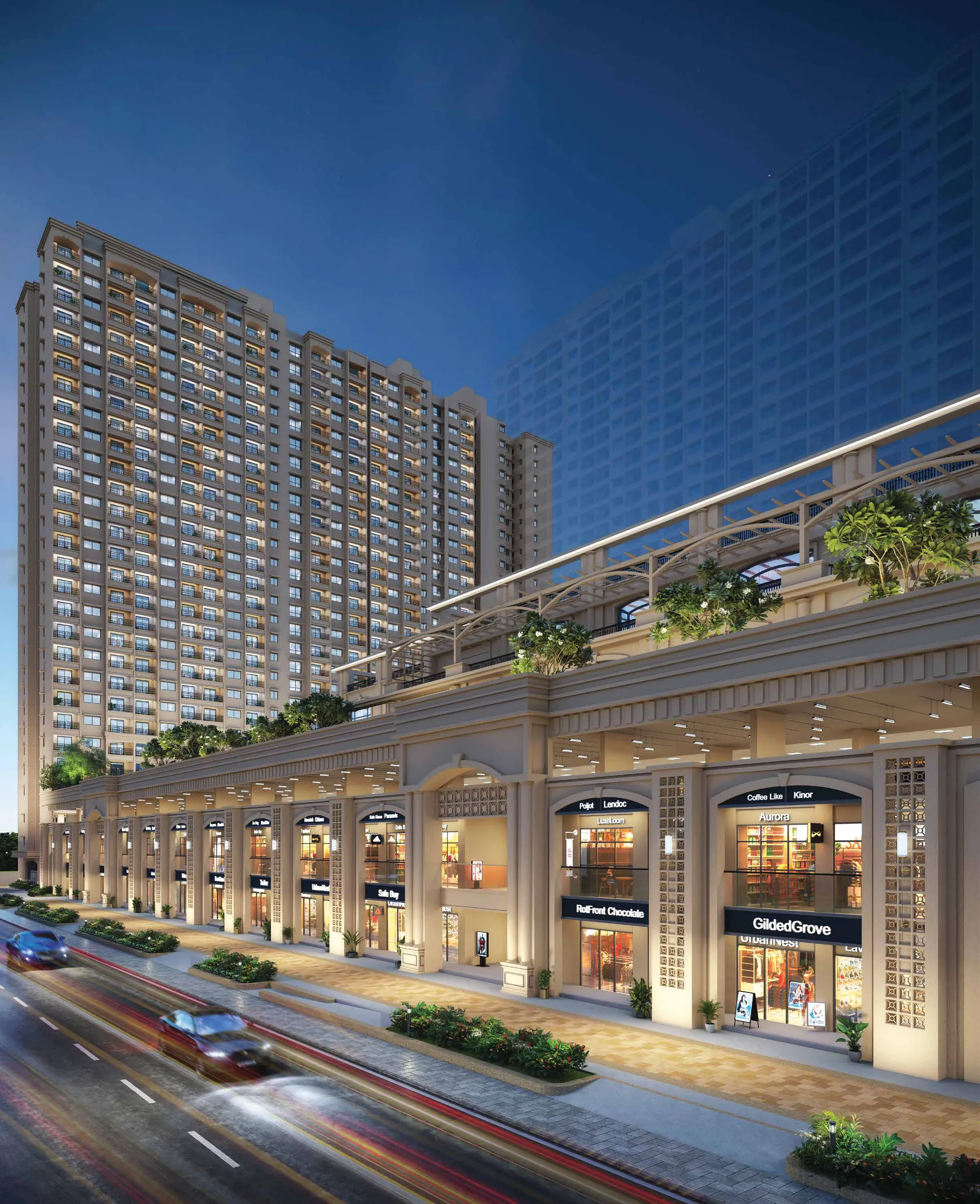 Neoclassical facade with high-street retail at the base of Raheja Vistas, Mahalunge