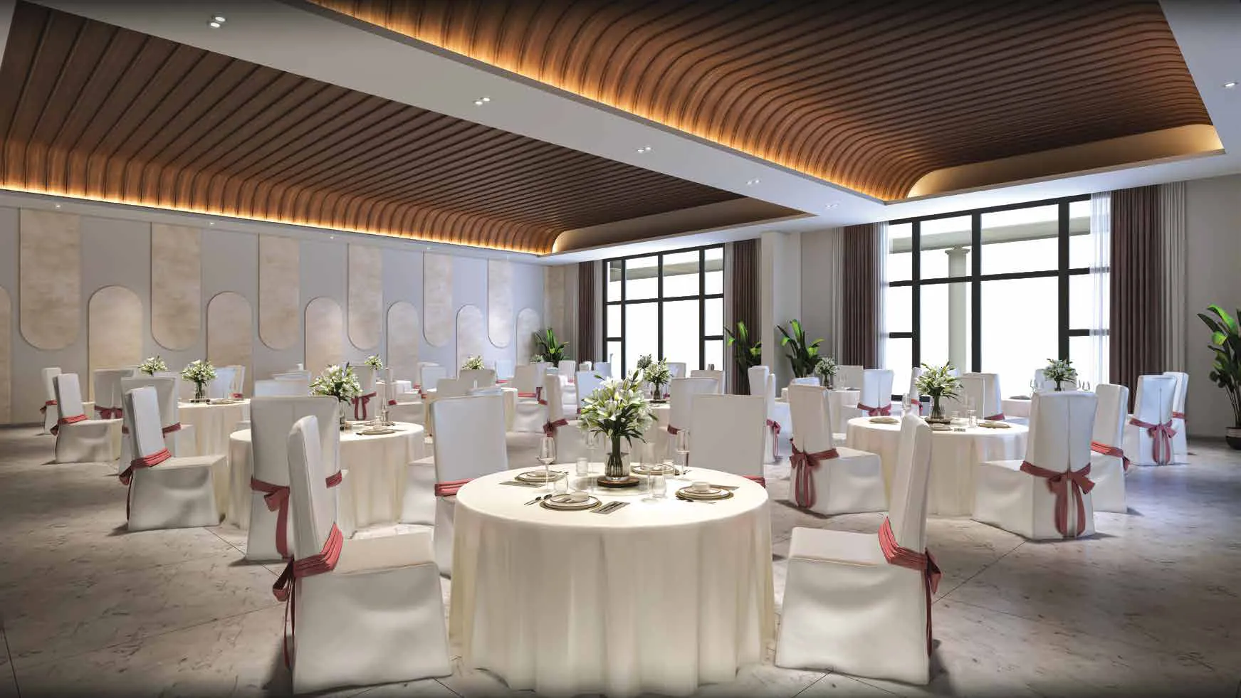 Banquet hall laid out for a dinner at Raheja Vistas, Mahalunge