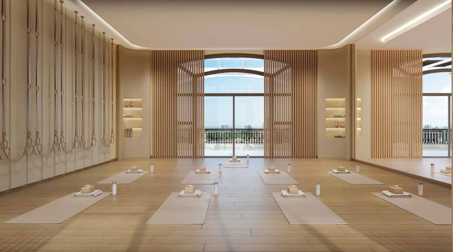Indoor yoga studio with arched windows at Raheja Vistas, Mahalunge