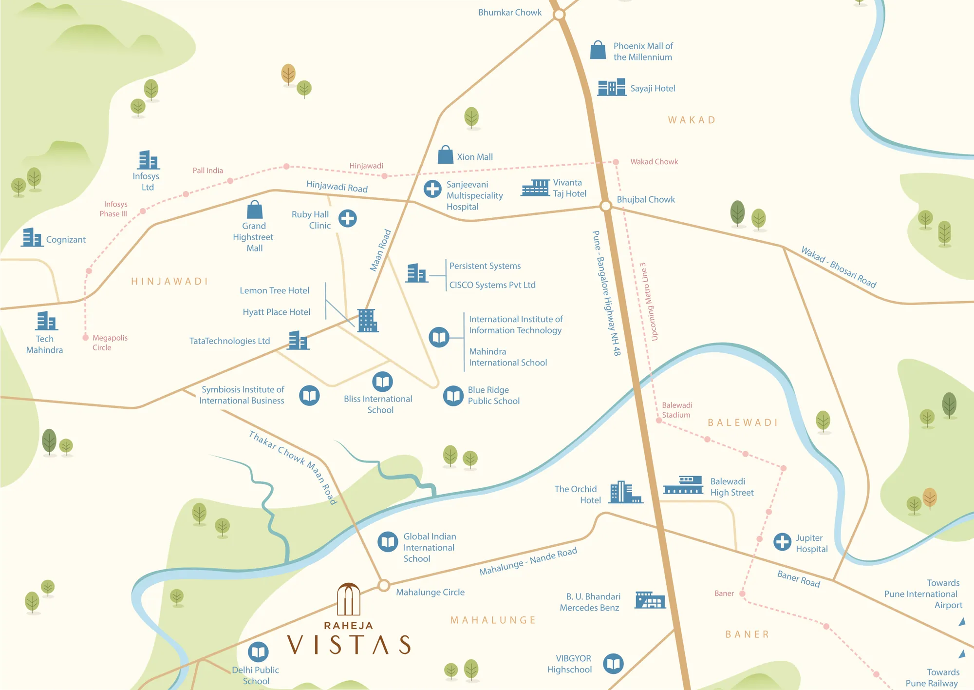 Location map with schools, offices and roads around Raheja Vistas, Mahalunge