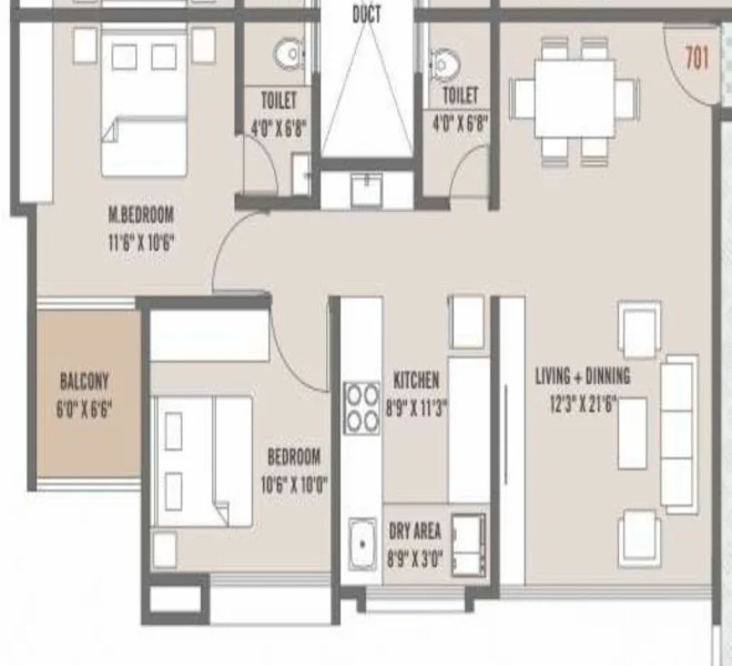 2 BHK floor plan — Meridian Square Tathwade, Ram Nagar