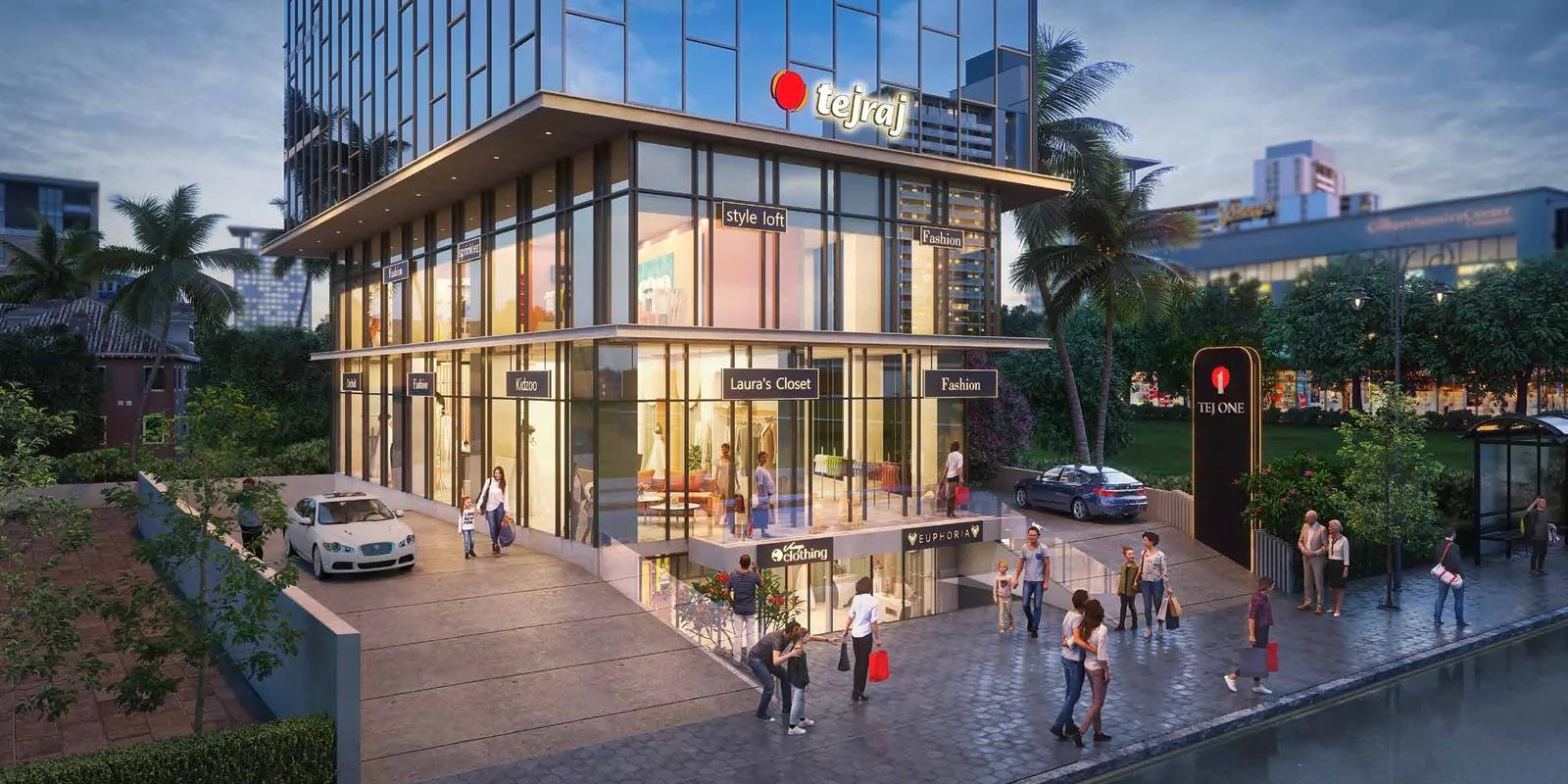 Ground-level retail frontage and entrance at Tej One FC Road, Deccan Gymkhana