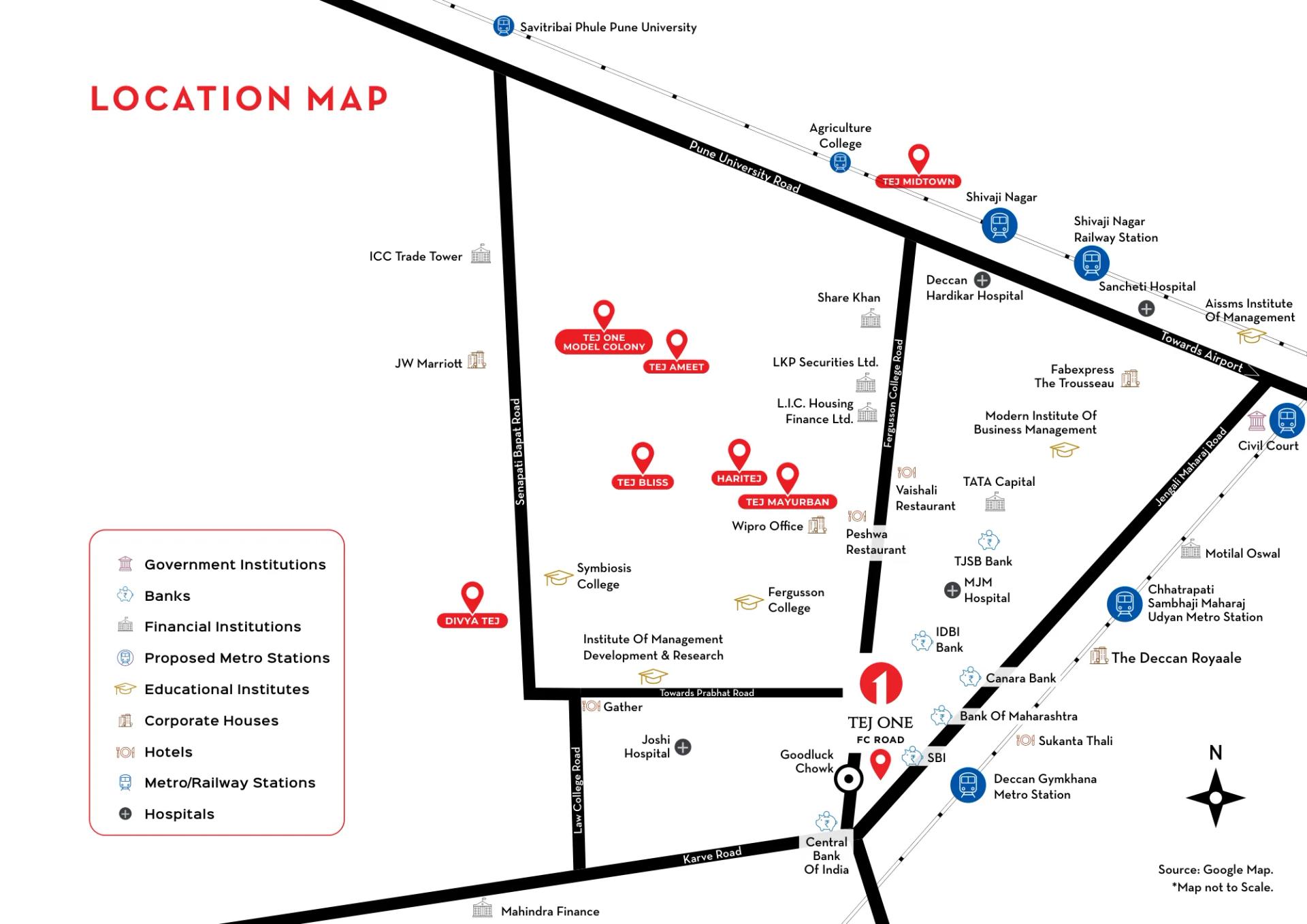 Location map with metro stations, banks and colleges at Tej One FC Road, Deccan Gymkhana