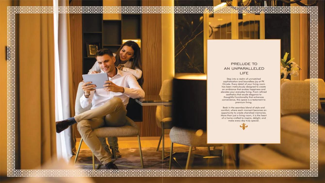 PK Ornate brochure page with a couple in a living room, Pimple Saudagar
