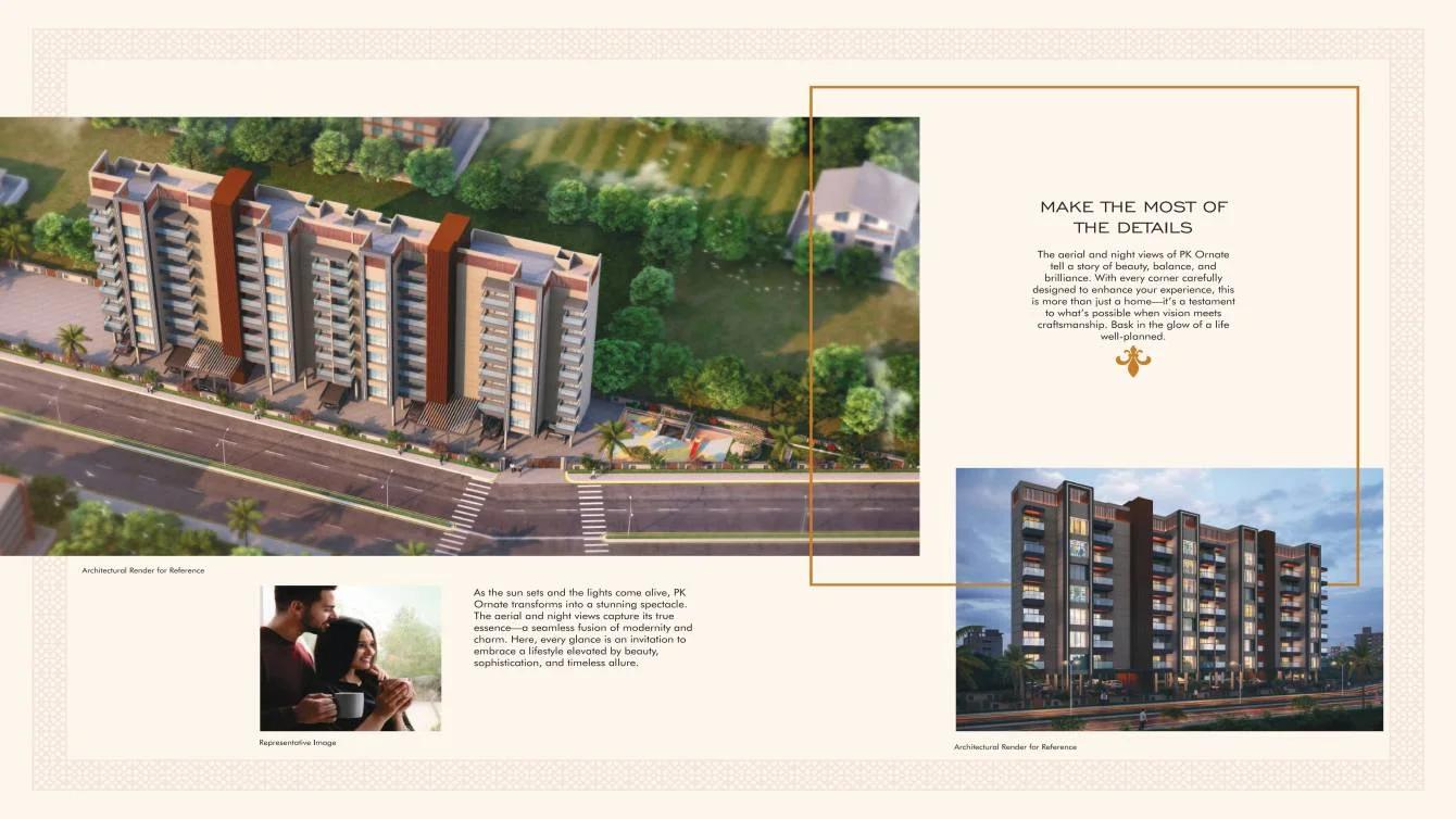 PK Ornate brochure page with an aerial view of the buildings, Pimple Saudagar