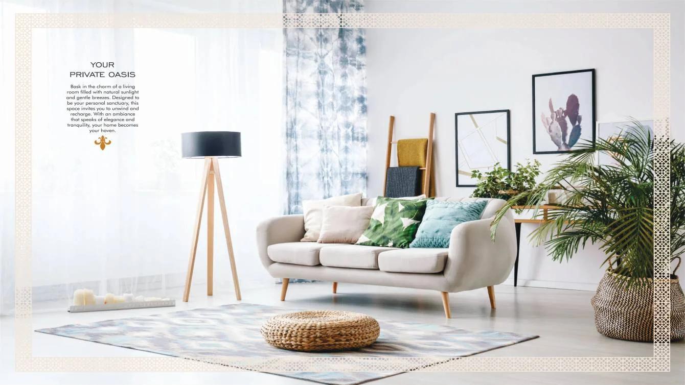 PK Ornate brochure page with a living room interior, Pimple Saudagar