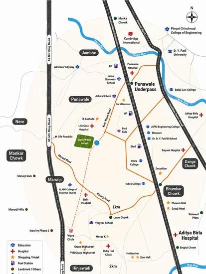 Location map of Kate Wasti Road, the ring road and Hinjewadi around Celestia Heights, Punawale