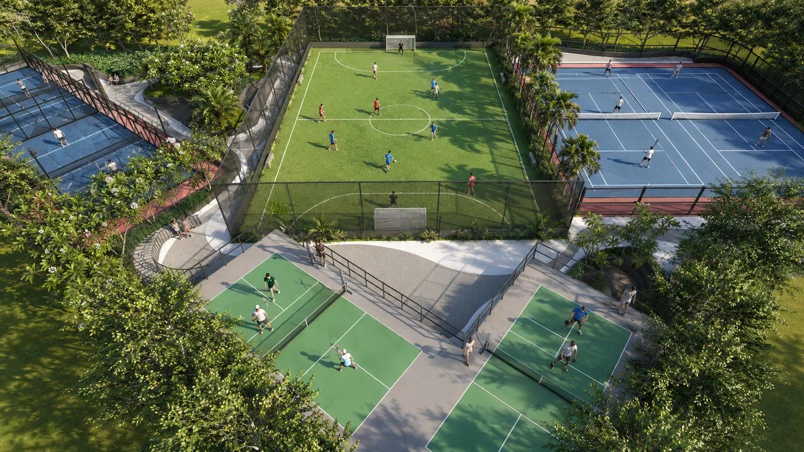 Aerial view of football, tennis and pickleball courts at New launch the Arena pimpri