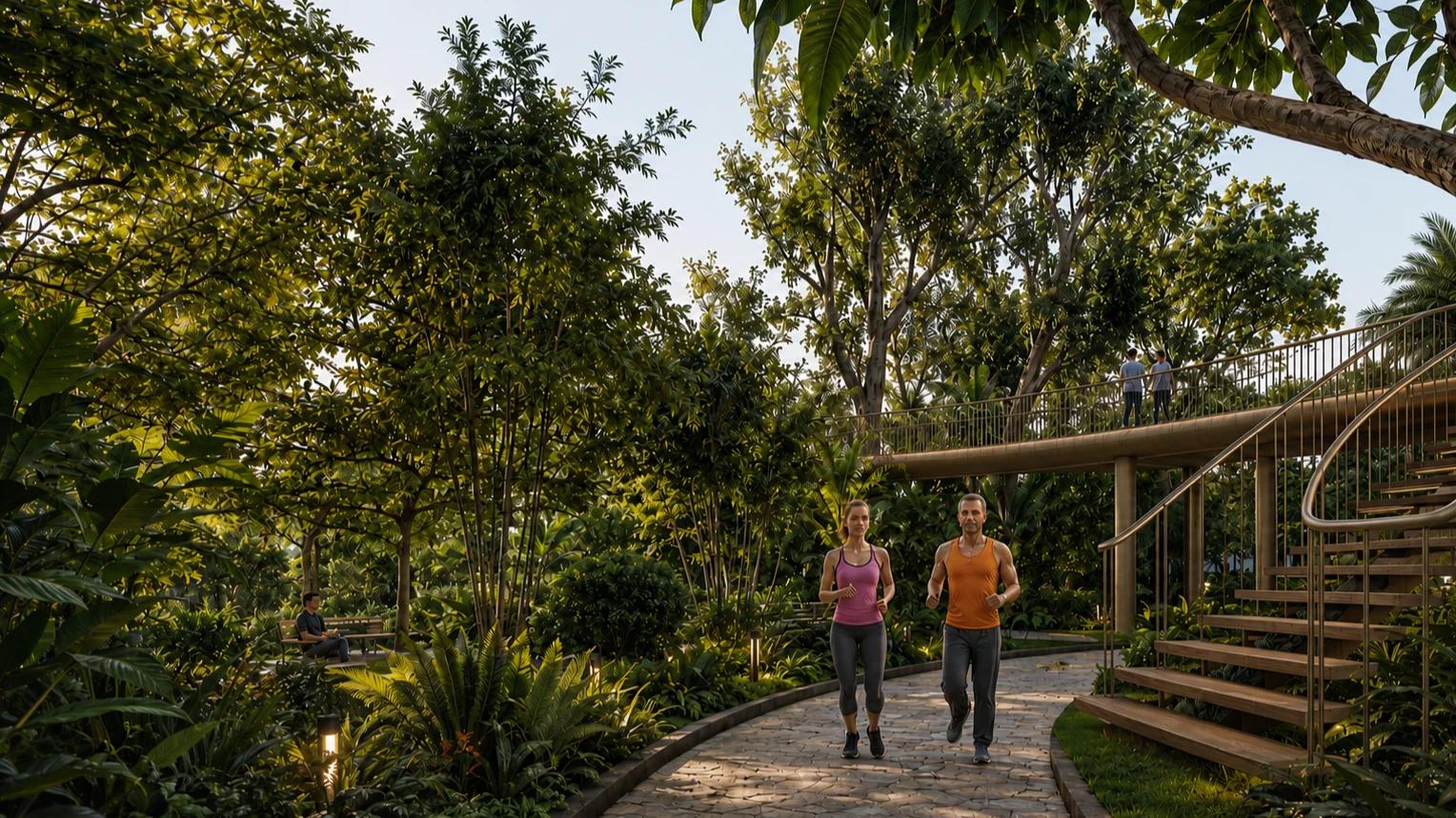 Two people jogging on a garden track at New launch the Arena pimpri