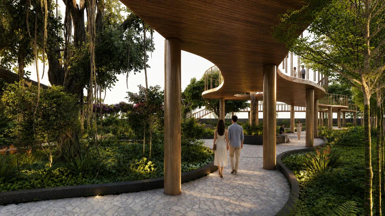Couple walking on a garden path under a wooden canopy at New launch the Arena pimpri