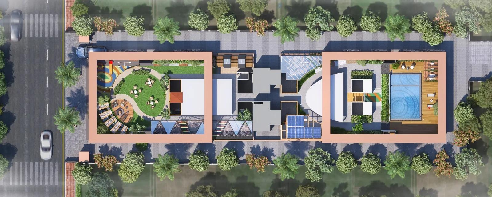 Top view of the rooftop amenity deck and pool at Excellaa Virtu, Pimple Nilakh