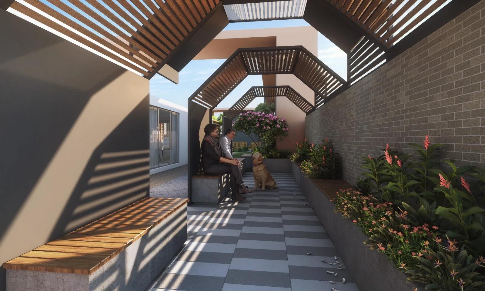 Rooftop walkway under a pergola with seating at Excellaa Virtu, Pimple Nilakh