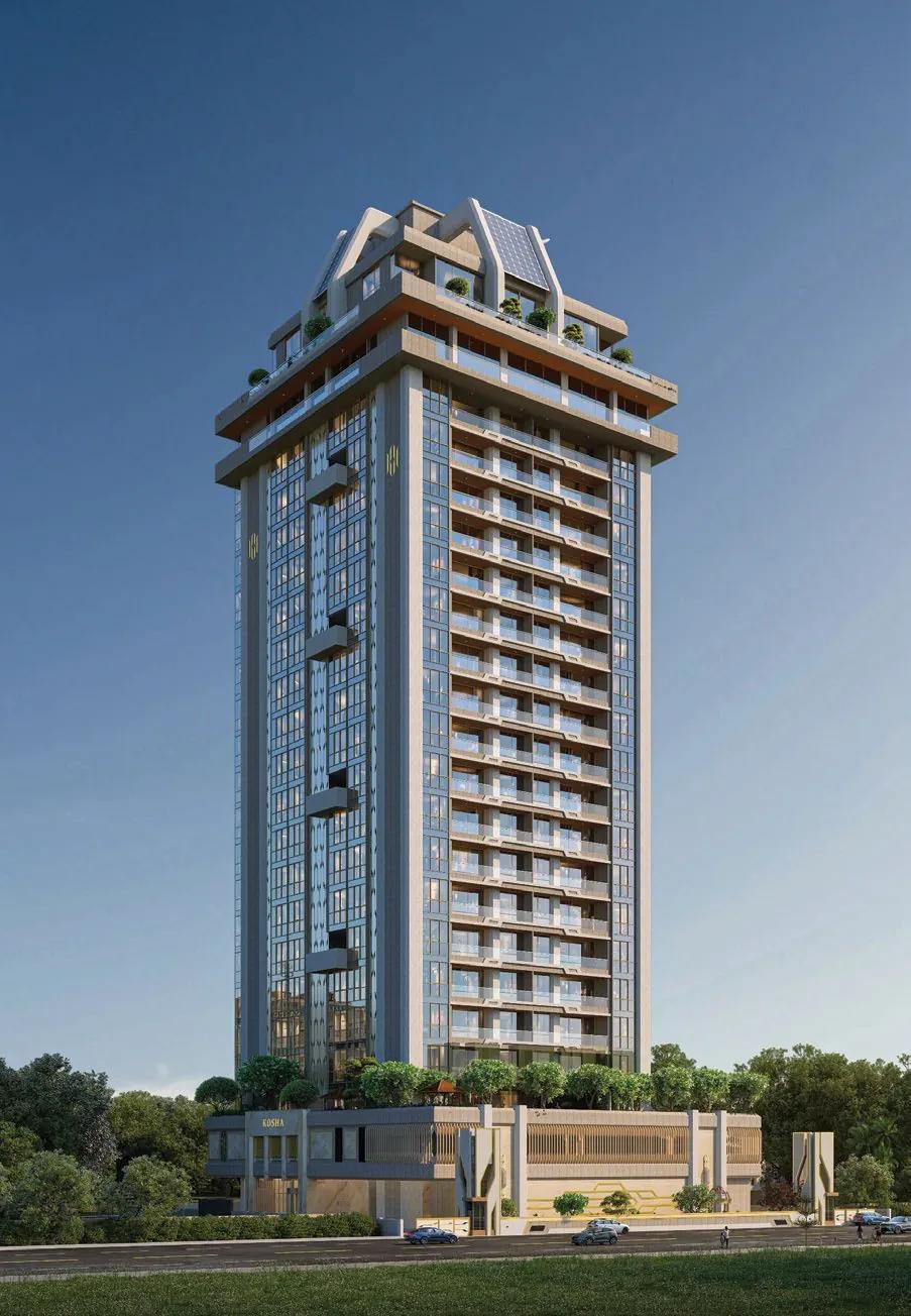 Full view of the residential tower at dusk at Kosha, Koregaon Park