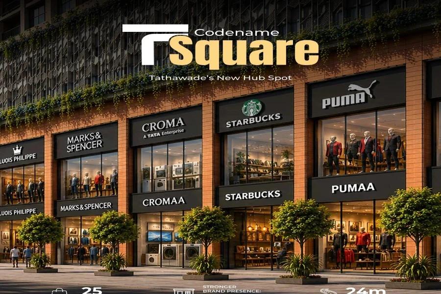 Retail storefronts with shop signs and trees at Codename T Square, Tathawade