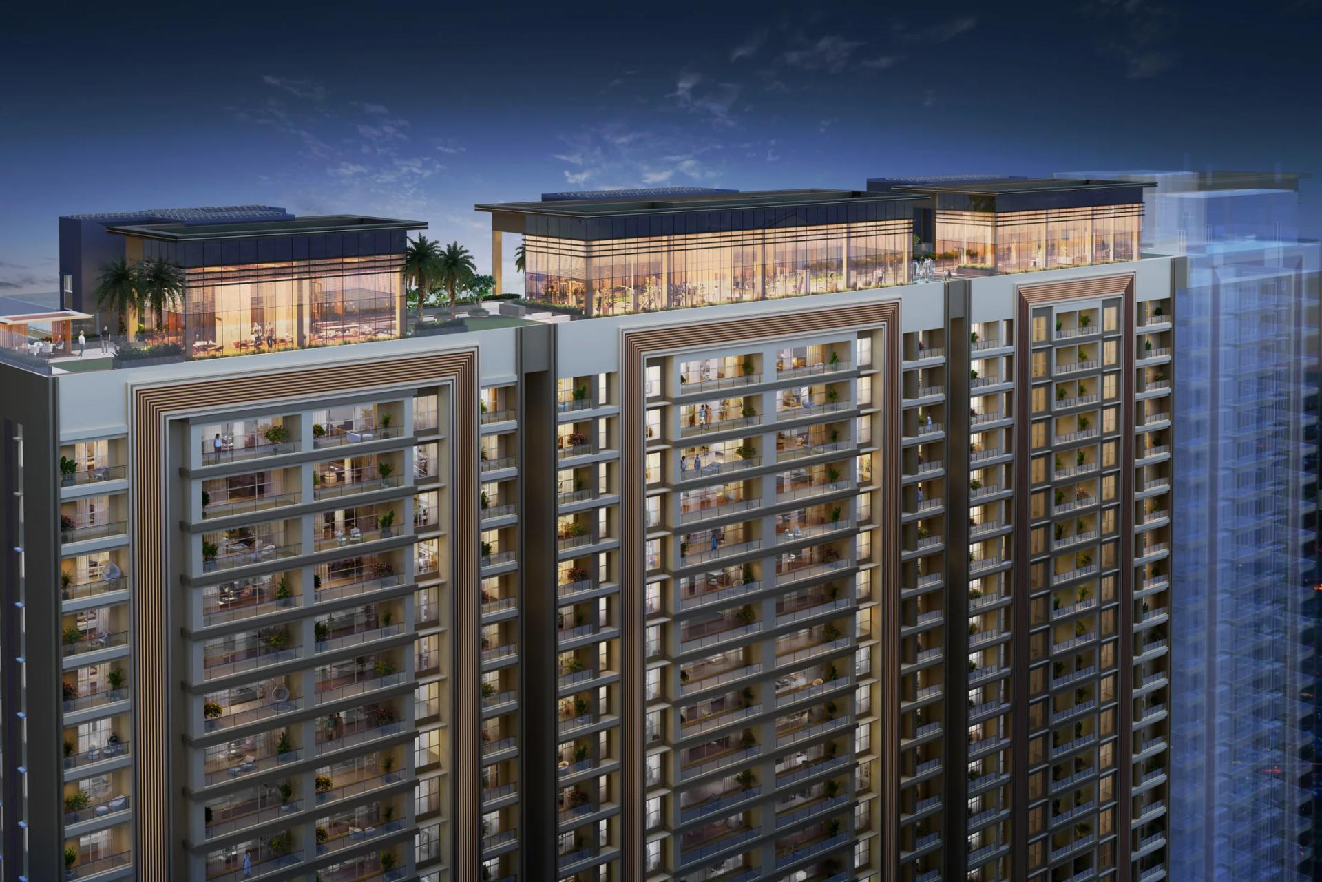 Tower crowns with sky-level amenity pavilions at Godrej Skyline, Mundhwa