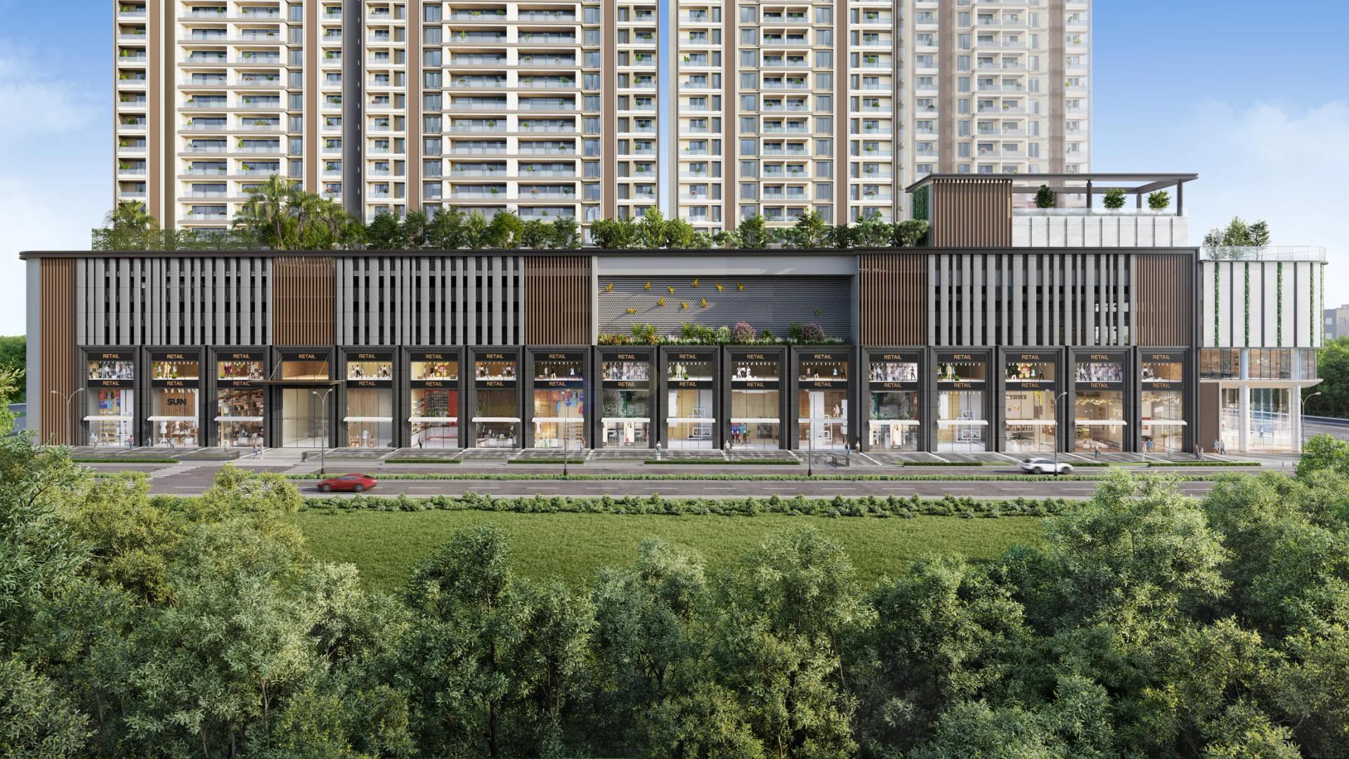 Retail podium facing the main road at Godrej Skyline, Mundhwa
