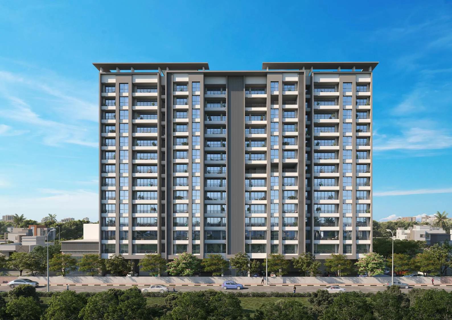 Rear elevation of the tower with balconies on every floor at Santiago Skyworld 2.0, Bhosari