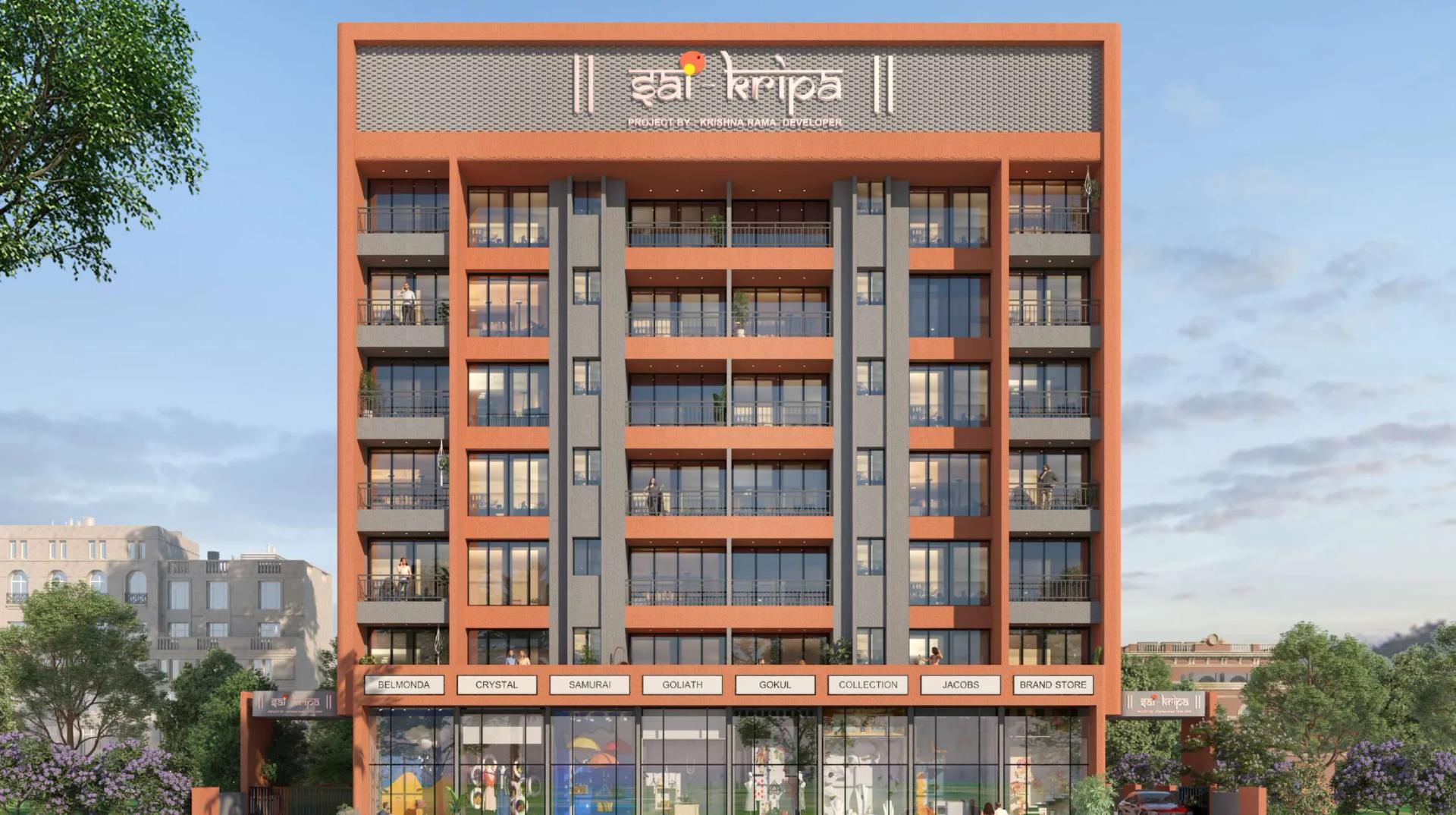 Front elevation with the shop row below six residential floors at Sai Kripa Commercial, Ravet