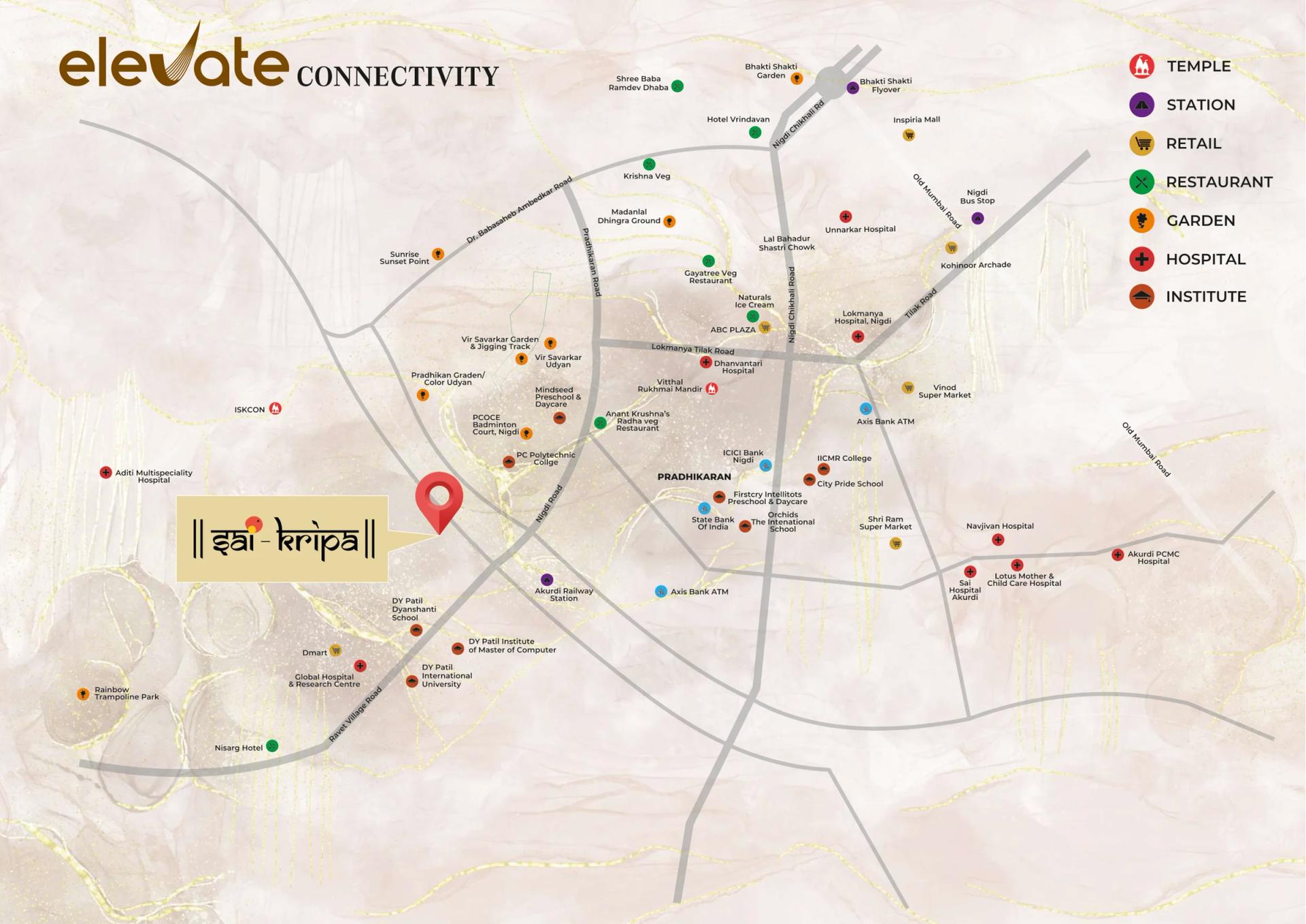Location map of Pradhikaran landmarks around Sai Kripa Commercial, Ravet