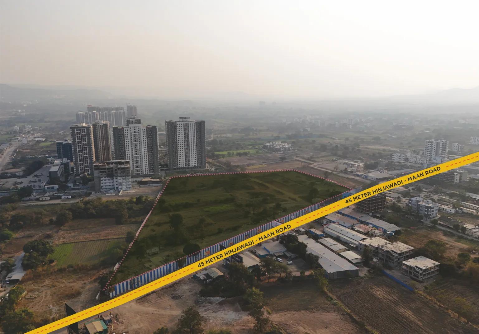 Drone photo of the plot along the 45 m Hinjawadi–Maan road at Excellaa TOTT, Maan