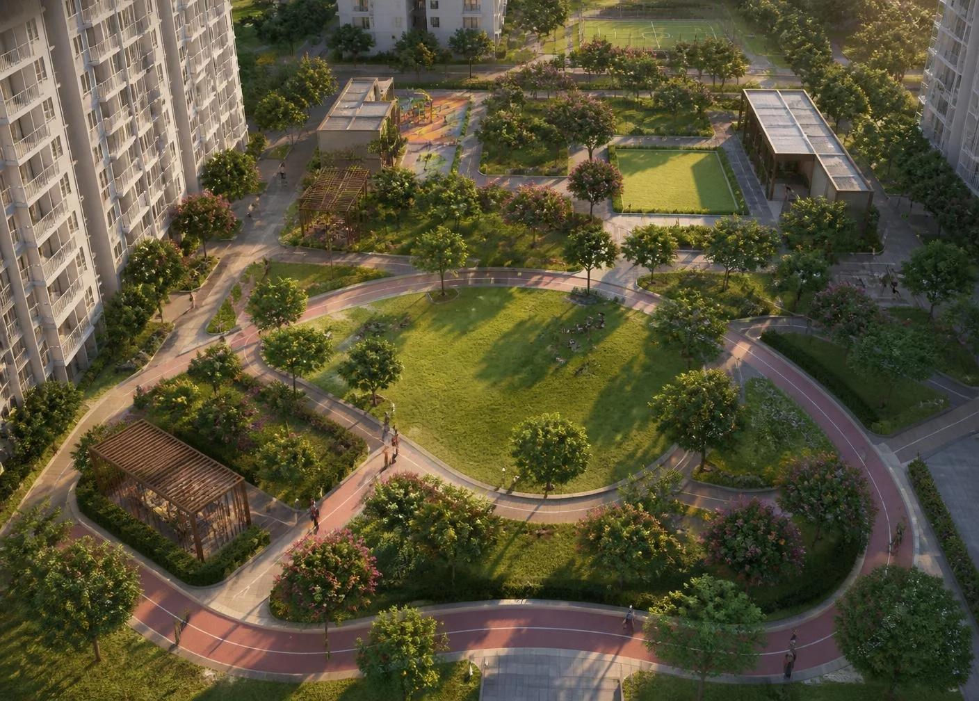 Artist's impression of the central garden with a jogging track at Excellaa TOTT, Maan