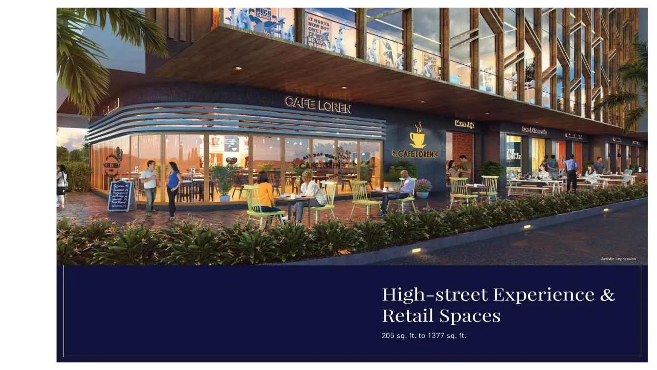 Cafe and retail spaces with outdoor seating at Bizzbay Commercial, Tathawade