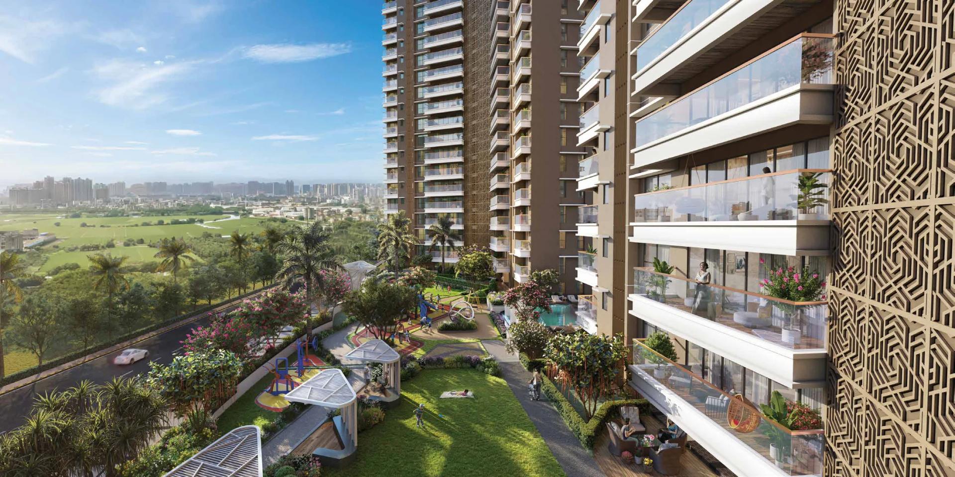 Landscaped podium garden at the foot of the tower at Supreme Towers, Mundhwa