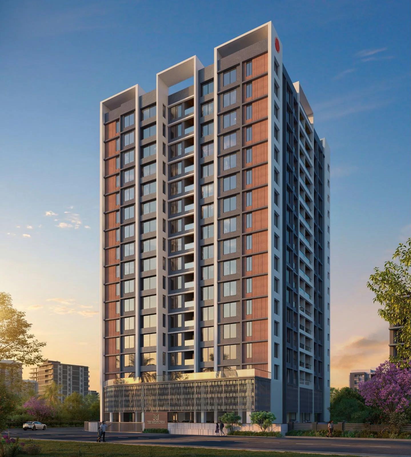 Exterior render of the tower and its entrance at sunset at Tej Midtown, Modibaug