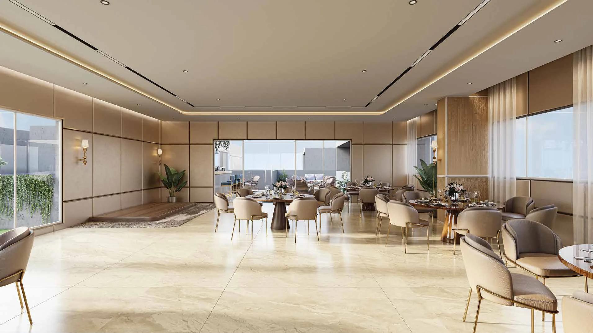 Rooftop multipurpose hall render with dining tables and city views at Tej Midtown, Modibaug