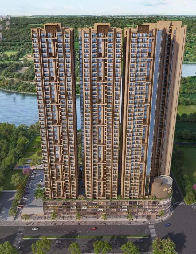 Aerial view of the podium, road frontage and river at Tulip Infinity Evana Commercial, Punawale