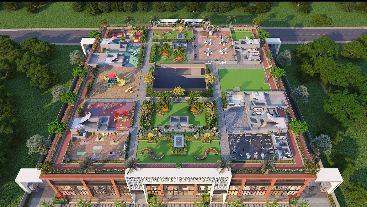 Aerial view of the podium rooftop gardens and play areas at Silverise Skylight Commercial, Pimpri