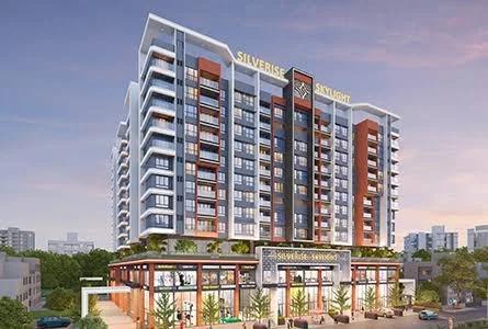 Corner view of the tower and shop frontage at sunset at Silverise Skylight Commercial, Pimpri