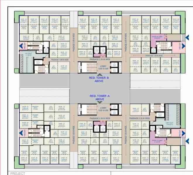 Floor plan of shop units with residential towers above at Silverise Skylight Commercial, Pimpri