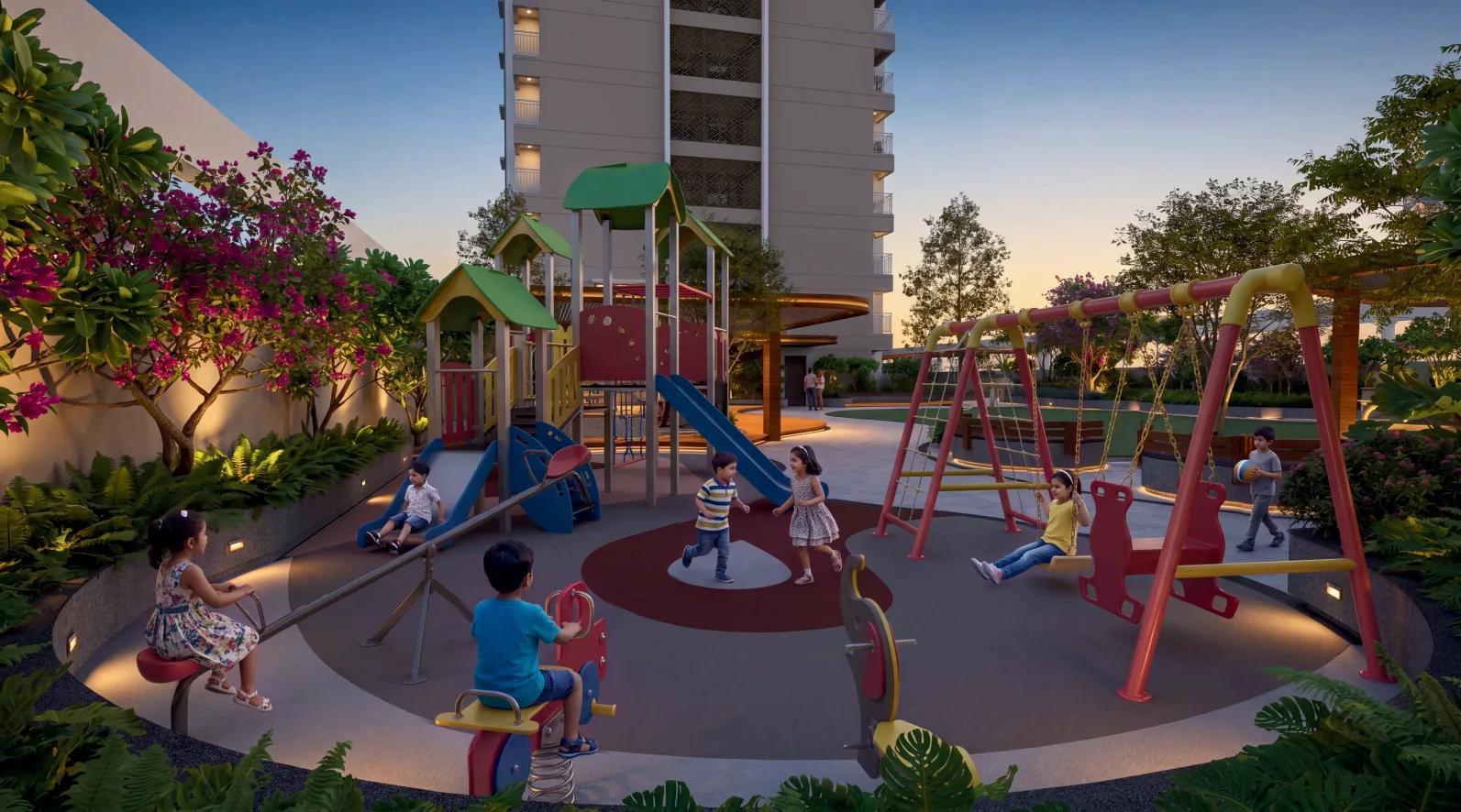 Kids' play area with swings and slides at Legacy Highpoint, Punawale