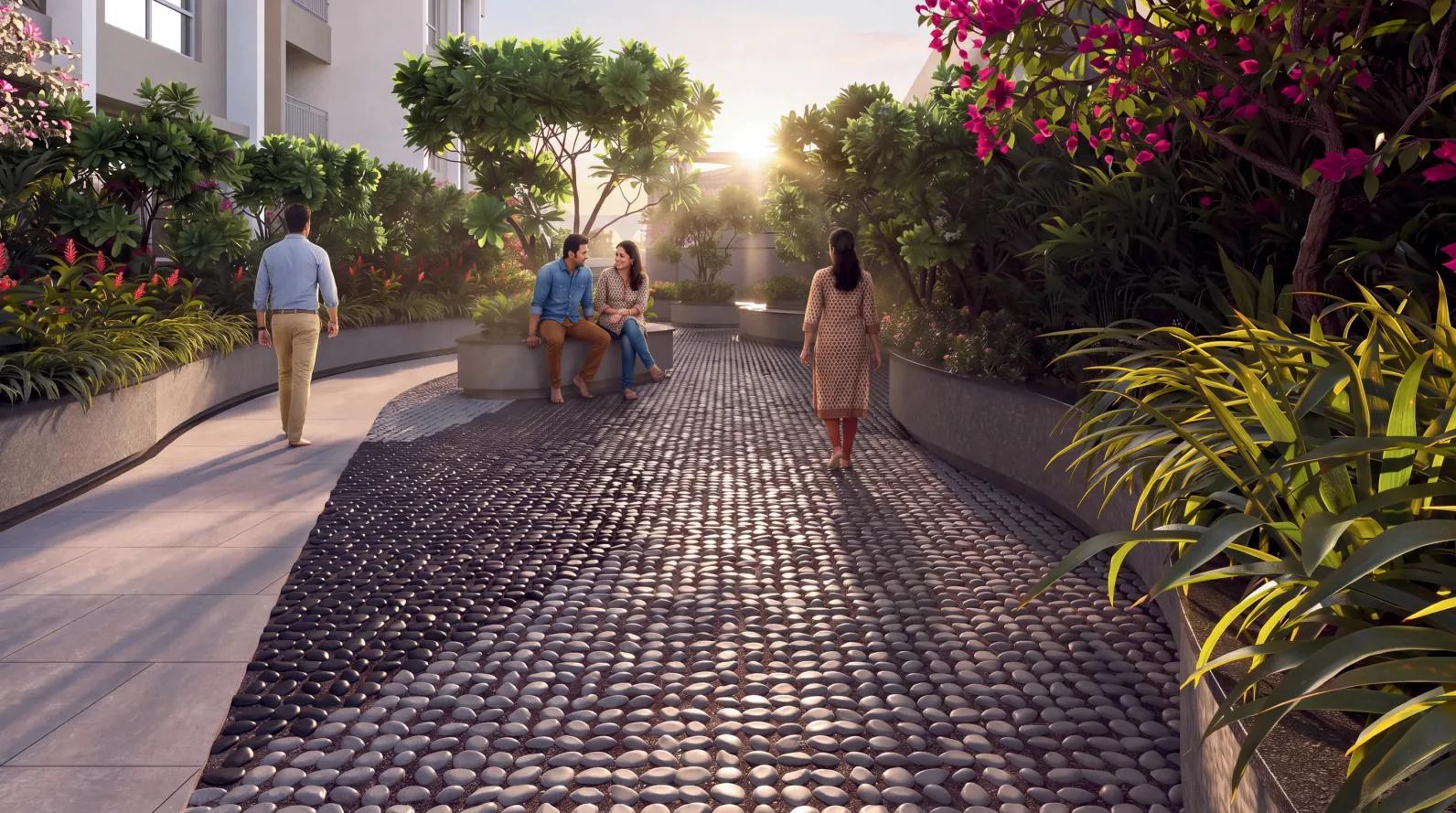 Acupressure reflexology walk lined with plants at Legacy Highpoint, Punawale
