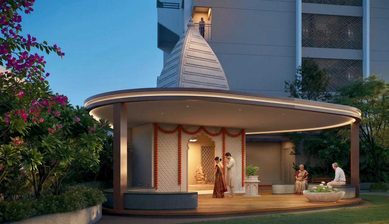 Temple pavilion in the landscaped garden at Legacy Highpoint, Punawale