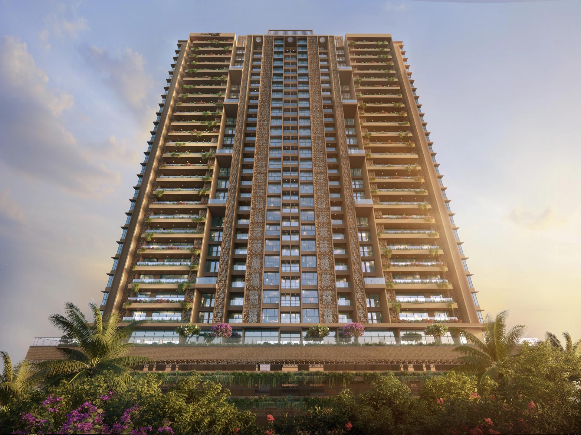 Tall tower with balconies at sunset at New launch Austin Mamurdi