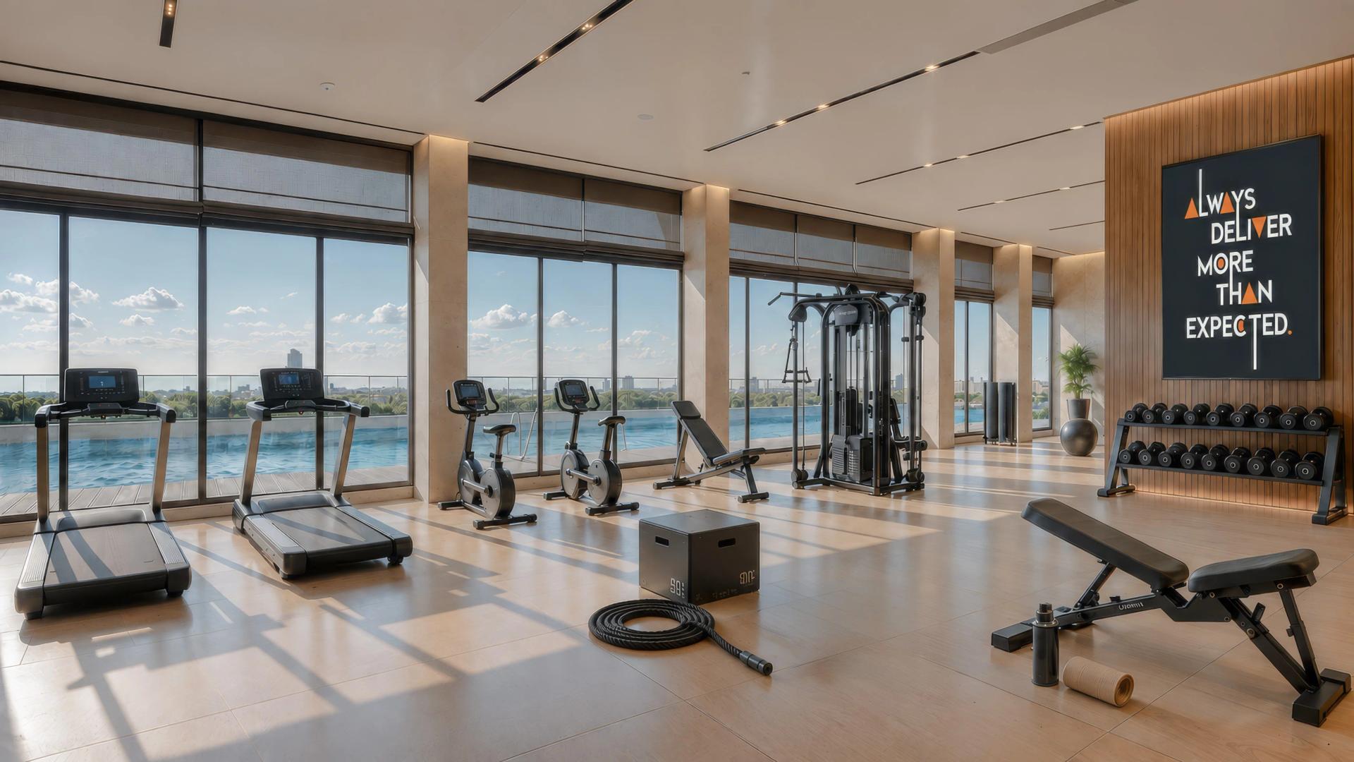 Gym with treadmills and benches at New launch Austin Mamurdi