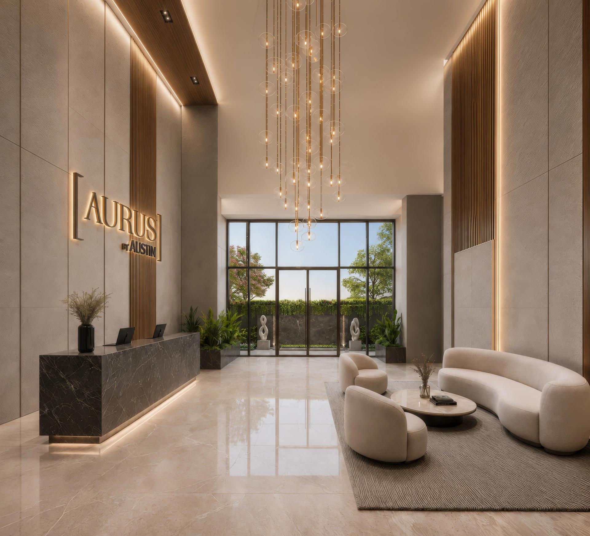 Entrance lobby with reception desk and seating at New launch Austin Mamurdi