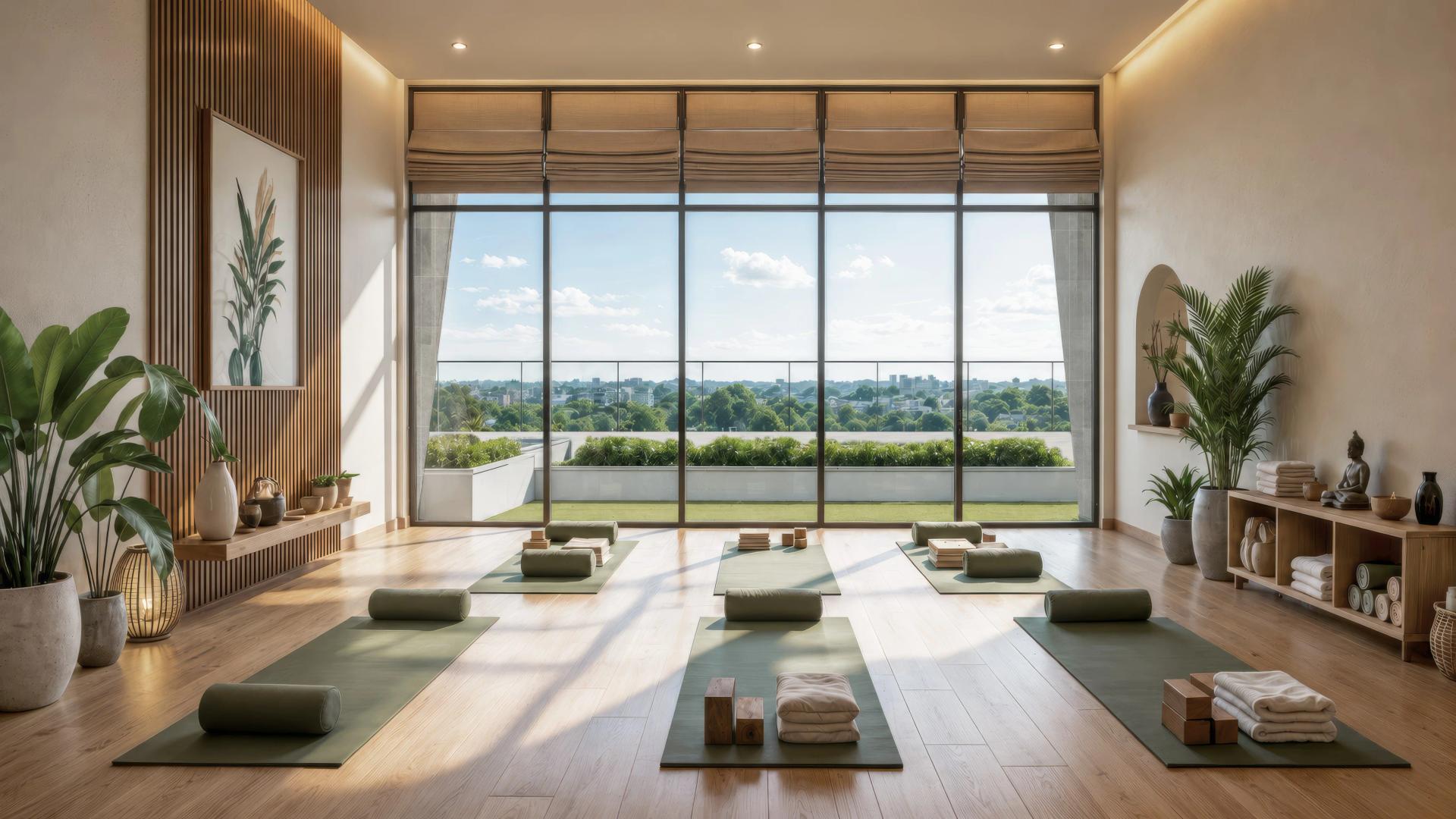 Yoga room with mats and large windows at New launch Austin Mamurdi