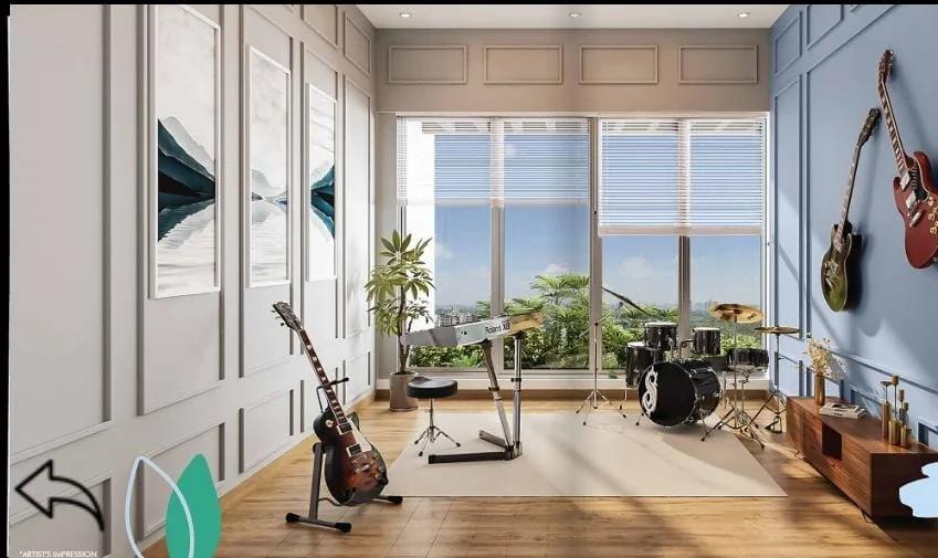 Music room with guitars and drum kit at Kumar Parv, Moshi