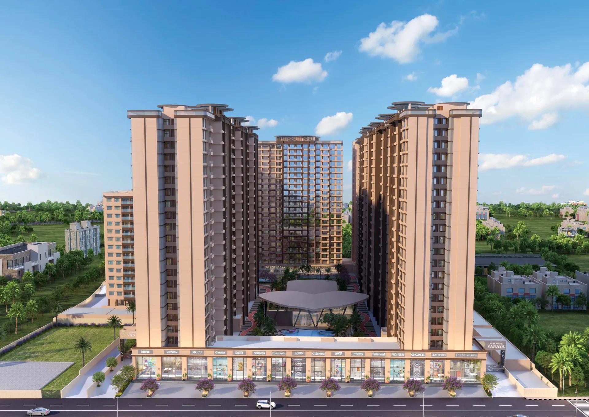 Towers above the retail frontage on Old Mundhwa Road at Venkatesh Vanaya, Kharadi
