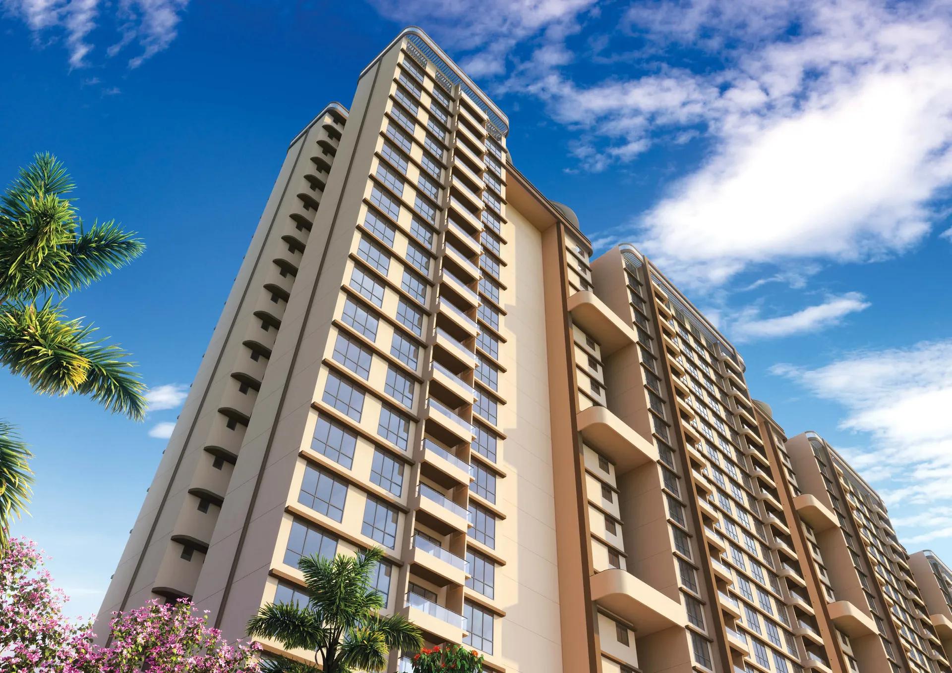 Close view of a 21-storey residential tower at Venkatesh Vanaya, Kharadi